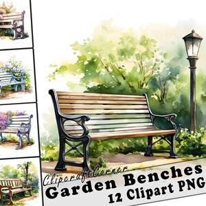 12 Garden Bench Clipart PNG Bundle | Watercolor Bench Clipart PNG | Cottagecore Clipart Artwork | 3517
