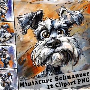 May include: A digital illustration of a miniature schnauzer dog with a white and grey coat. The dog has a black nose and big brown eyes. The illustration is in a cartoon style and has a watercolour effect. The text "Clipcraft Corner Miniature Schnauzer 12 Clipart PNG" is at the bottom of the image.