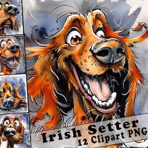 12 Setter irlandese Clipart PNG Pacchetto cane divertente / Acquerello Caricatura cane Clipart PNG / Grafica clipart animale / 153