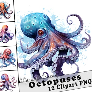 12 Octopus Clipart PNG Bundle | Watercolor Sea Animals Clipart PNG | Ocean Clipart PNG Artwork | 6005