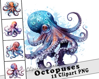 12 Octopus Clipart PNG Bundle | Watercolor Sea Animals Clipart PNG | Ocean Clipart PNG Artwork | 6005