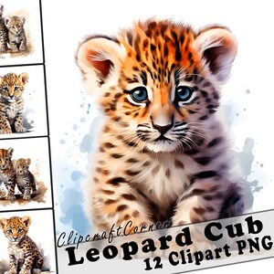 May include: A watercolor painting of a leopard cub with blue eyes. The cub is sitting on a white background with blue watercolor splatters. The image is part of a set of 12 clipart PNG images.