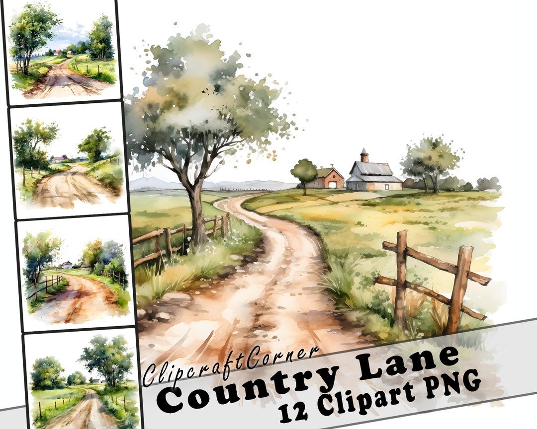 12 Country Lanes Clipart PNG Bundle | Watercolor Country Road Clipart ...