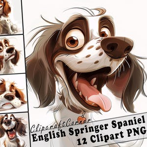 12 English Springer Spaniel Clipart PNG Funny Dog Bundle | Watercolor Dog Cartoon Clipart PNG | Animal Clipart Artwork | 255