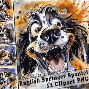 12 English Springer Spaniel Clipart PNG Funny Dog Bundle | Watercolor Dog Caricature Clipart PNG | Animal Clipart Artwork | 155