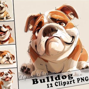12 Bulldog Clipart PNG Funny Dog Bundle | Watercolor Dog Cartoon Clipart PNG | Animal Clipart Artwork | 205