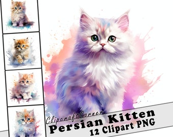 12 Persian Cat Clipart PNG Bundle | Cute Watercolor Cat Clipart PNG ...