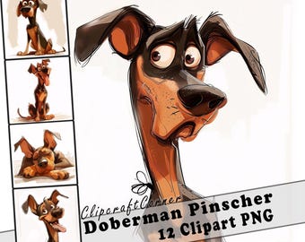 12 Doberman Pinscher Clipart PNG Funny Dog Bundle | Watercolor Dog Cartoon Clipart PNG | Animal Clipart Artwork | 232