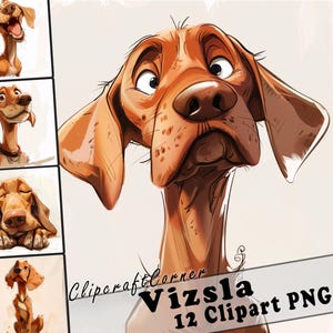 12 Vizsla Clipart PNG Pacchetto di cani divertenti / Clipart di cartoni animati di cani ad acquerello PNG / Clipart di animali / 222
