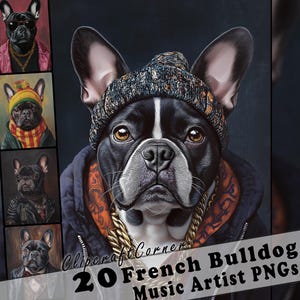 20 Imagens de clipart de buldogue francês | Retratos de buldogue francês como estrelas da música | Pacote de arte PNG de buldogue francês | Pintura de cachorro | 328