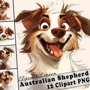12 Australian Shepherd Clipart PNG Funny Dog Bundle | Watercolor Dog Cartoon Clipart PNG | Animal Clipart Artwork | 230