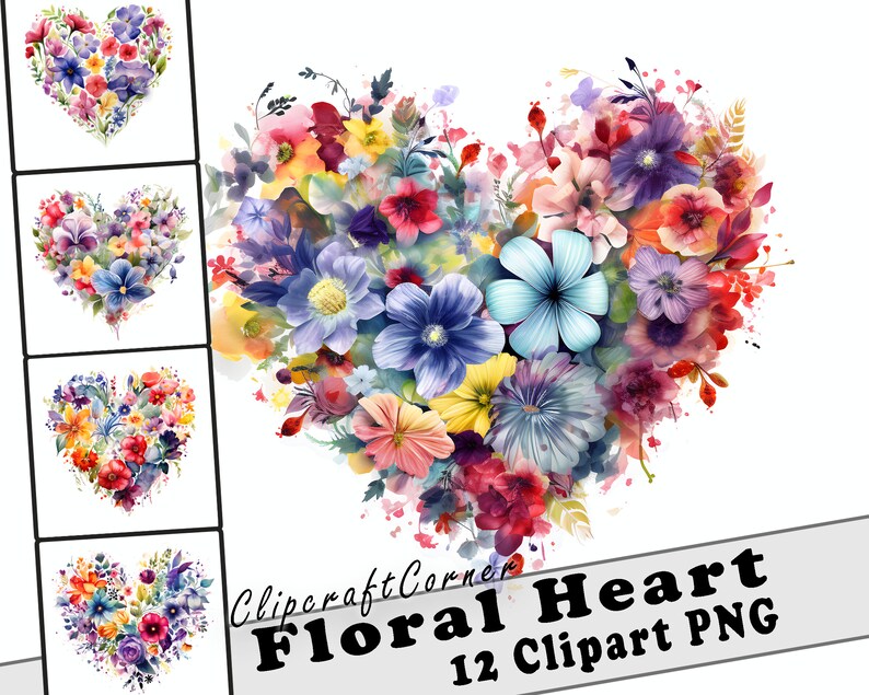 12 Floral Heart Flowers Clipart PNG | Watercolor Flowers as Hearts ...