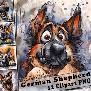 Lot de 12 cliparts berger allemand PNG drôle | Caricature de chien à l'aquarelle PNG | Clipart animaux | 117