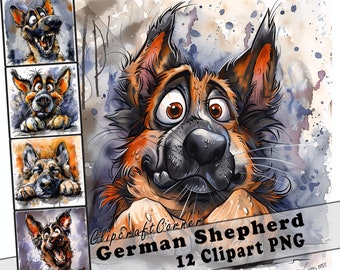 May include: Watercolor-style German Shepherd clipart set. The image features a large, expressive dog with orange and black fur, big brown eyes, and a playful expression. The text "Clipcraft Corner German Shepherd 12 Clipart PNG" is visible.