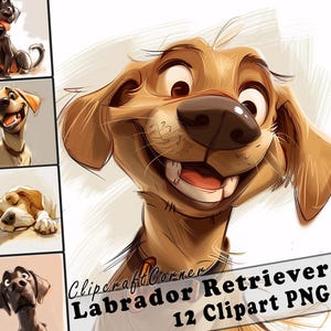 12 Labrador Retriever Clipart PNG Funny Dog Bundle | Watercolor Dog Cartoon Clipart PNG | Animal Clipart Artwork | 225