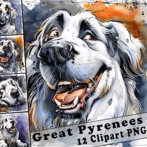 12 cliparts Grandes Pyrénées PNG | Caricature de chien à l'aquarelle PNG | Clipart animaux | 152