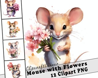 12 Maus hält Blumen Clipart PNG Waldtiere Bundle | Aquarell Maus und Blumen Illustration Clipart PNG | Waldtier | 7024