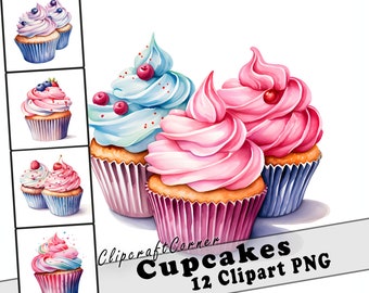 12 Cupcake Clipart PNG Bundle | Watercolor Dessert Clipart PNG | Food Clipart PNG Artwork | 4517