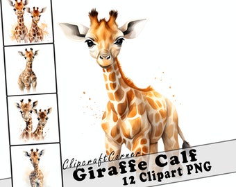 12 Baby Giraffe Clipart PNG Savannah Animal Bundle | Watercolor Giraffe Calf Clipart PNG | Savannah Animal Artwork | 6506