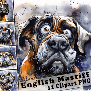 Lot de 12 cliparts dogue anglais PNG drôle de chien | Caricature de chien à l'aquarelle PNG | Clipart animaux | 121