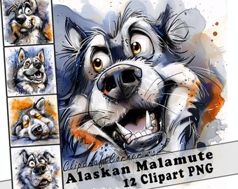 12 Alaskan Malamute Clipart PNG Funny Dog Bundle | Watercolor Dog Caricature Clipart PNG | Animal Clipart Artwork | 150
