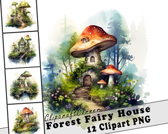 12 Wald Fee Haus Clipart PNG Bundle | Magisches Aquarell Fantasy Haus Clipart PNG | Mystisch Clipart Artwork | 1522
