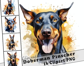 水彩ドーベルマン クリップアート バンドル、犬種のクリップアート