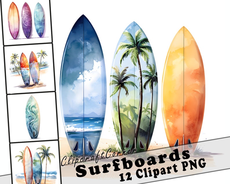 12 Surfboard Clipart PNG Bundle | Tropical Watercolor Clipart PNG ...