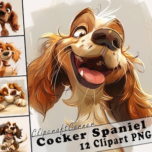 12 Cocker Spaniel Clipart PNG Funny Dog Bundle | Watercolor Dog Cartoon Clipart PNG | Animal Clipart Artwork | 242