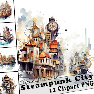12 Steampunk City Clipart PNG Bundle | Watercolor Steampunk City Clipart PNG Art | Fantasy Clipart Artwork | 2025