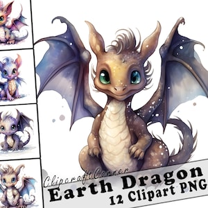 May include: A set of 12 digital clipart images featuring cute cartoon earth dragons with brown, blue, and purple scales. The dragons have big eyes, small wings, and are in various poses. The images are perfect for adding a whimsical touch to your digital projects.