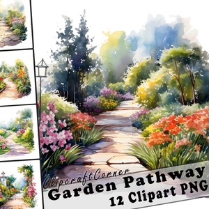 Op de afbeelding: Een aquarel schilderij van een tuinpad met weelderig groen, kleurrijke bloemen en een stenen pad. Het pad leidt door de tuin, met bomen en struiken langs de zijkanten. Het schilderij is een prachtige weergave van een rustige en serene tuin.