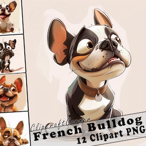 12 Franse Bulldog-clipart PNG-bundel grappige hond | Aquarel hond cartoon clipart png | Dierlijke clipartkunstwerken | 228