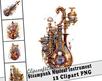 水彩スチームパンク楽器クリップアート、透明な背景のPNGデジタル