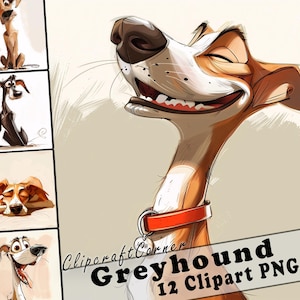 12 Greyhound Clipart PNG Funny Dog Bundle | Watercolor Dog Cartoon Clipart PNG | Animal Clipart Artwork | 208