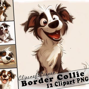12 Border Collie Clipart PNG Paquete de perros divertidos / Acuarela Perro Dibujos animados Clipart PNG / Animal Clipart Artwork / 236