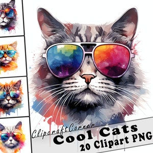 サングラスをかけたクールな猫 20 匹のクリップアート PNG バンドル | かわいい水彩画のクールな猫のクリップアート PNG | 568