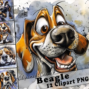 12 Beagle Clipart PNG Funny Dog Bundle / Acuarela Perro Caricatura Clipart PNG / Animal Clipart Artwork / 124