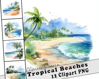 12 Tropical Beach Clipart PNG Bundle | Tropical Seashore Watercolor Clipart PNG | Summer Clipart PNG Artwork | 5032