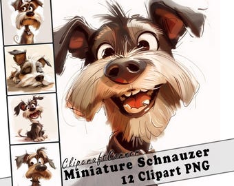 12 Miniature Schnauzer Clipart PNG Funny Dog Bundle | Watercolor Dog Cartoon Clipart PNG | Animal Clipart Artwork | 212