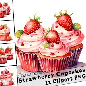 12 Strawberries Cupcake Clipart PNG Bundle | Watercolor Dessert Clipart PNG | Food Clipart PNG Artwork | 4504