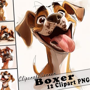 12 Boxer Clipart PNG Funny Dog Bundle | Watercolor Dog Cartoon Clipart PNG | Animal Clipart Artwork | 204