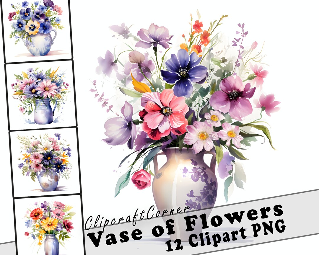 12 Vase of Flowers Bouquet Clipart PNG | Watercolor Wildflowers Floral ...