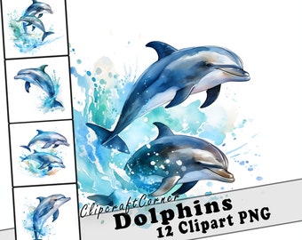 12 Dolphin Clipart PNG Bundle | Watercolor Sea Animals Clipart PNG | Ocean Clipart PNG Artwork | 6001
