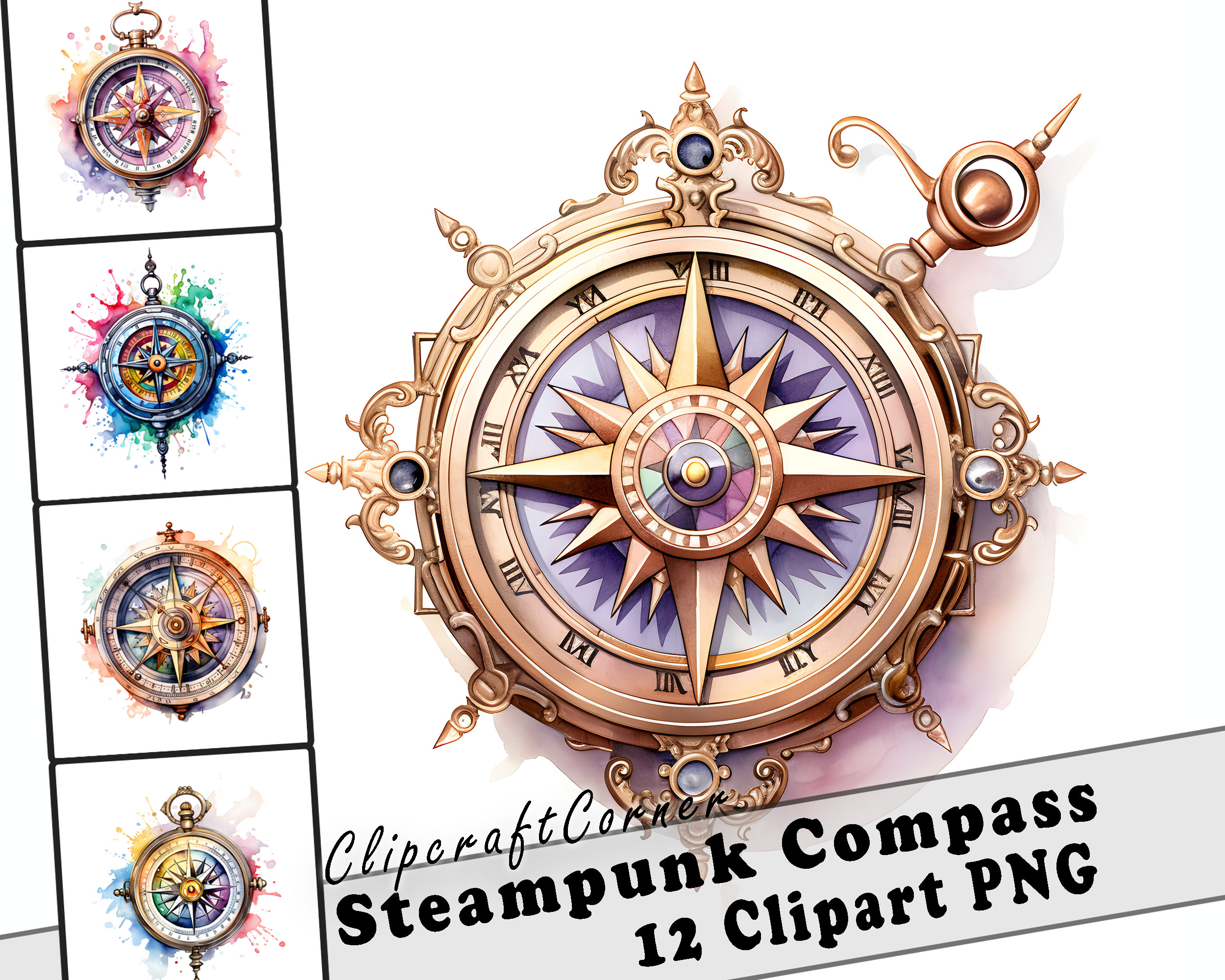 Fantasy Compass 12 Steampunk Compass Clipart PNG Bundle | Watercolor Steampunk Compass ...