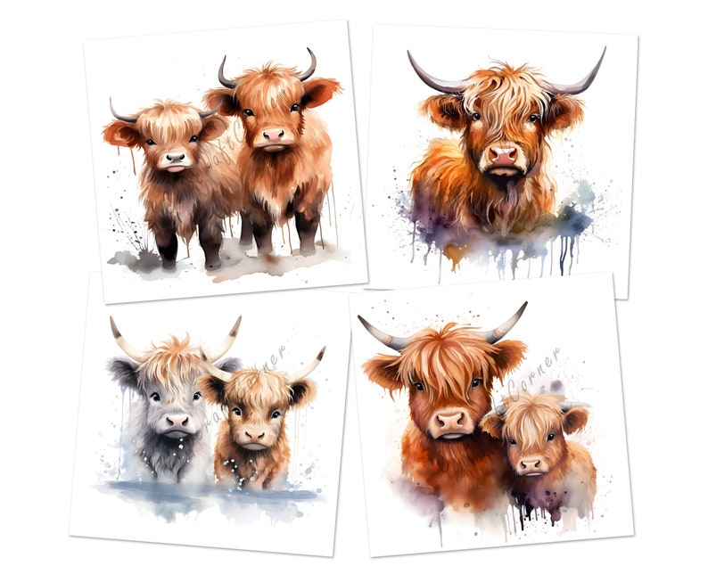 12 Highland Calf Clipart PNG Bundle | Watercolor Highland Cow Clipart ...