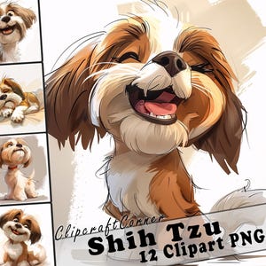12 Shih Tzu Clipart PNG Funny Dog Bundle | Watercolor Dog Cartoon Clipart PNG | Animal Clipart Artwork | 201