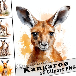 Lot de 12 cliparts kangourous PNG animaux de la forêt | Clipart kangourou aquarelle PNG | Oeuvre d'art d'animaux des bois | 7021