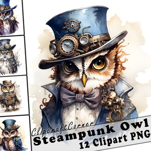 May include: A steampunk owl wearing a blue top hat, bow tie, and goggles. The owl is sporting a blue jacket and has a clockwork design on its chest. The image is a digital illustration.