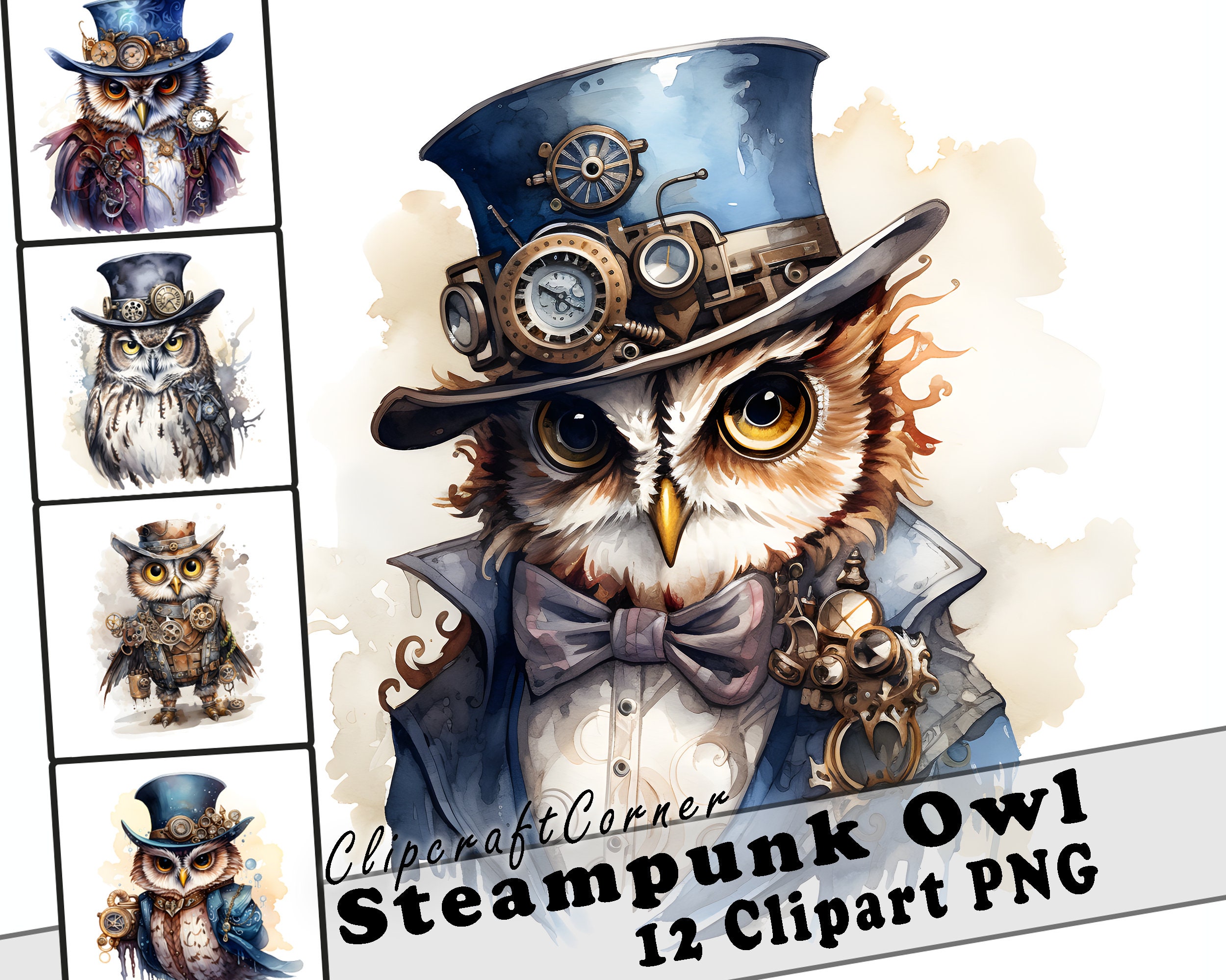 12 Steampunk Owl Clipart PNG Animal Bundle | Watercolor Steampunk Owl Clipart PNG Art | Animal Artwo